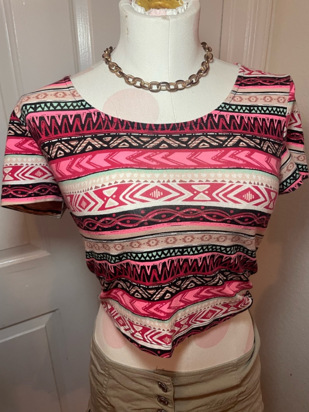 3 Charlotte Russe Pink Aztec-Pattern Crop Tops